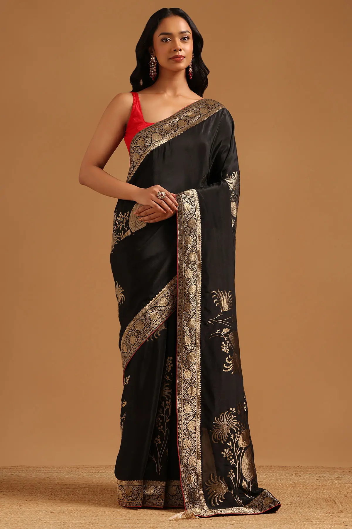 Black Silk Botanical Saree With Zari Woven Work